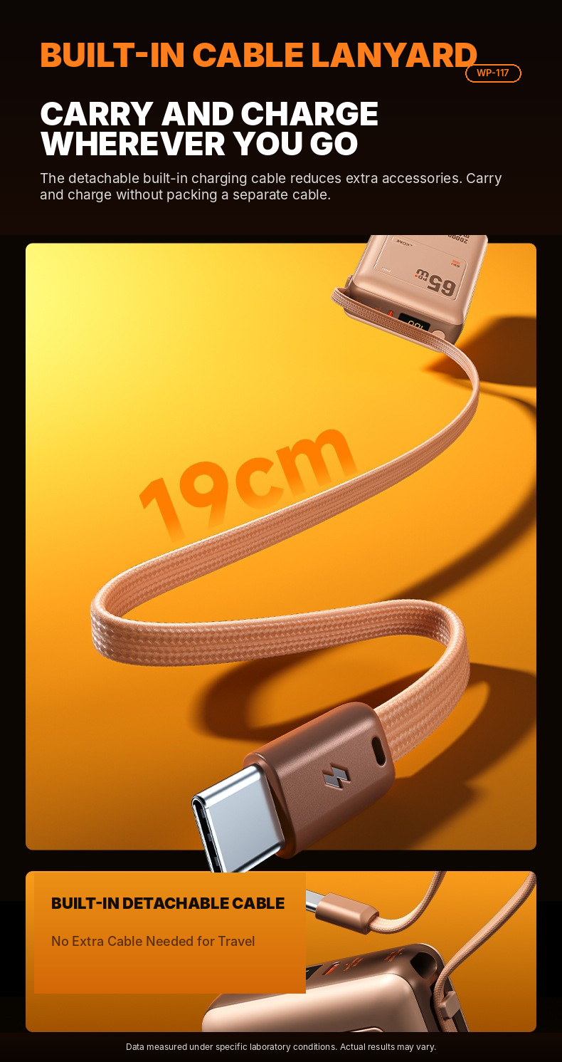 Meenova WP-117 20,000mAh 65W USB-C Power Bank with Detachable Cable, LED Display & 40W Fast Recharging