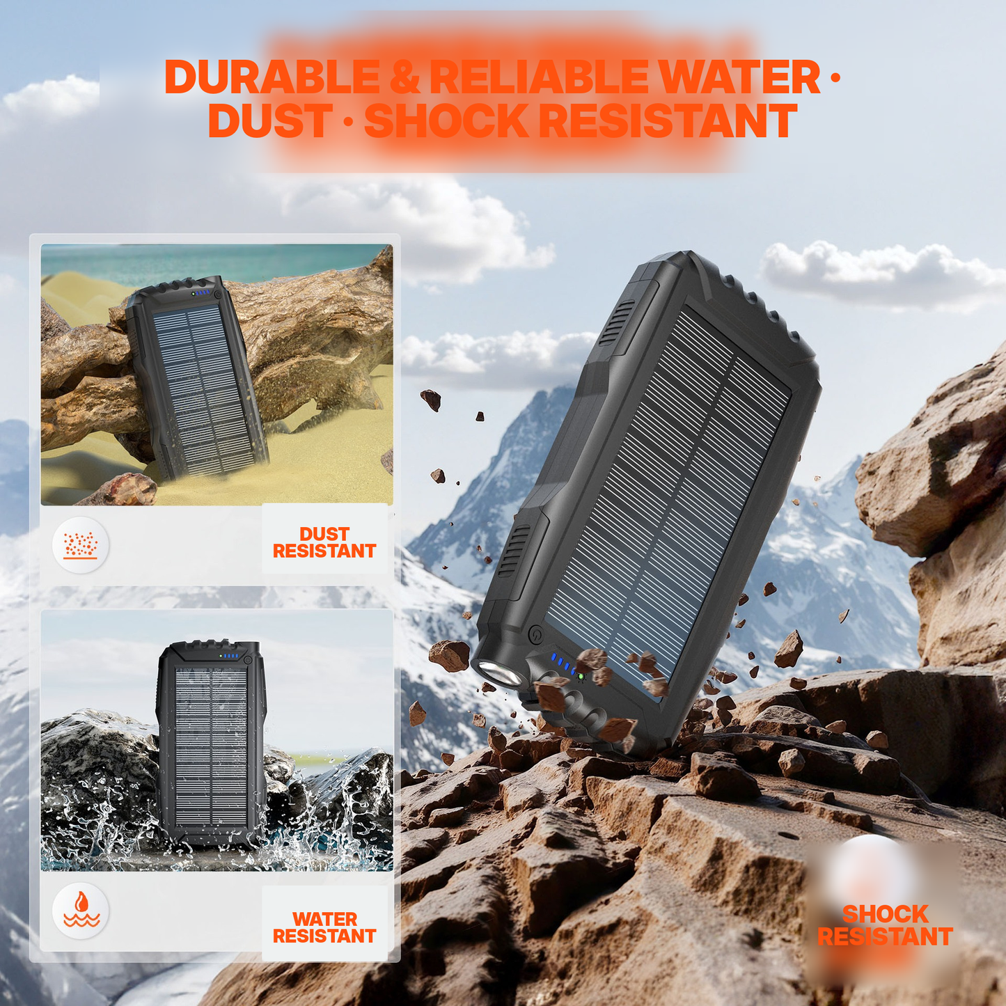 Meenova 20,000mAh Solar Power Bank with 22.5W SCP, 20W USB-C PD, IP55 Water Resistance, Flashlight & 3-Device Charging
