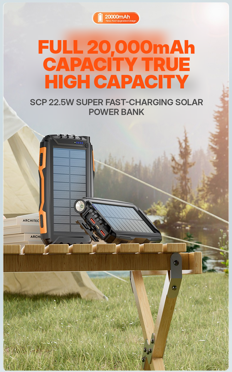 Meenova 20,000mAh Solar Power Bank with 22.5W SCP, 20W USB-C PD, IP55 Water Resistance, Flashlight & 3-Device Charging