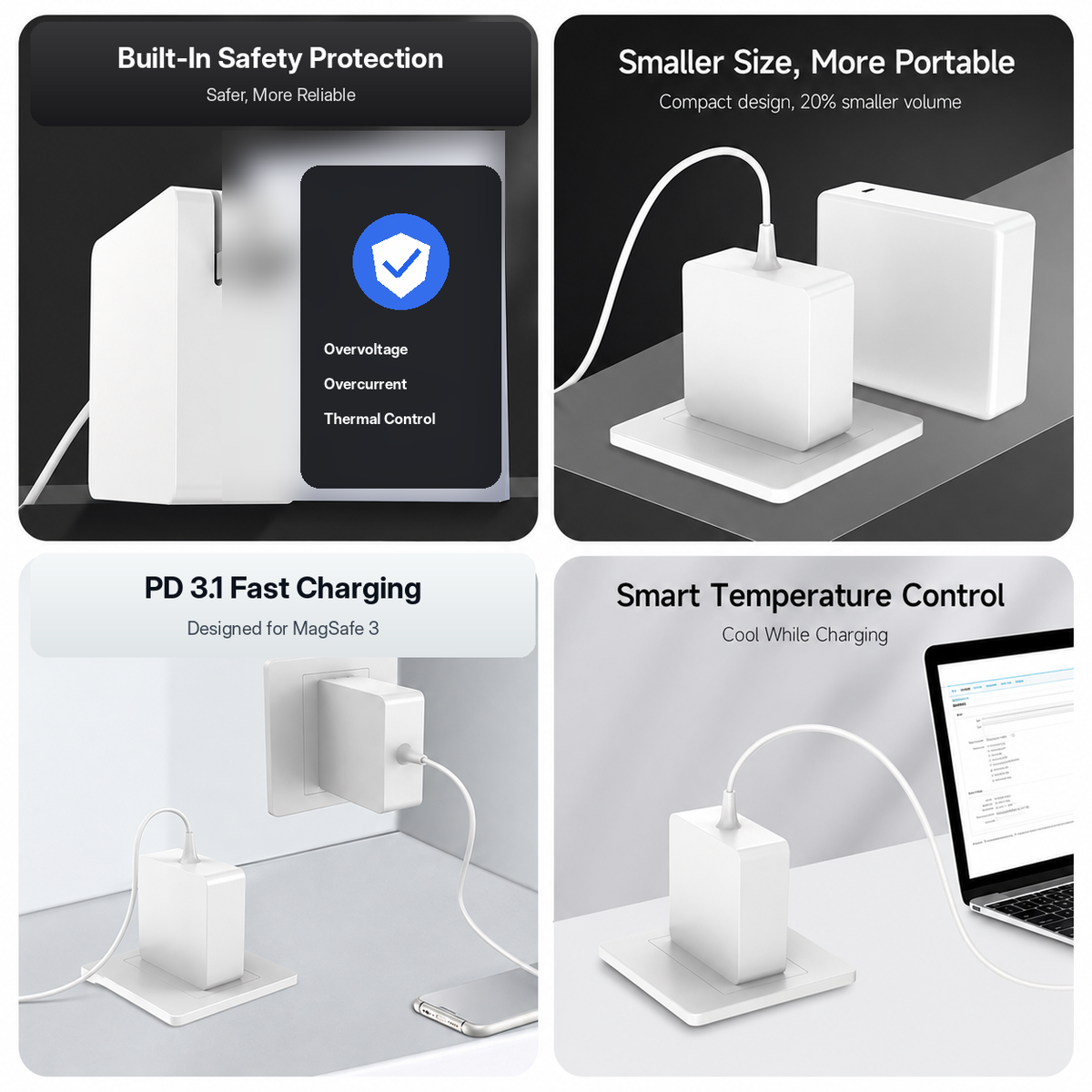Meenova 140W GaN Charger with Built-In MagSafe 3-Compatible Cable, PD 3.1 Fast Charger for MacBook Air & MacBook Pro