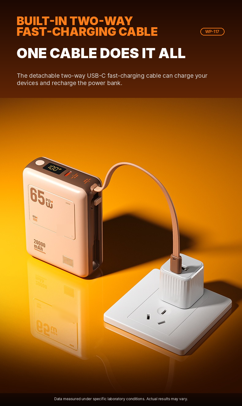 Meenova WP-117 20,000mAh 65W USB-C Power Bank with Detachable Cable, LED Display & 40W Fast Recharging