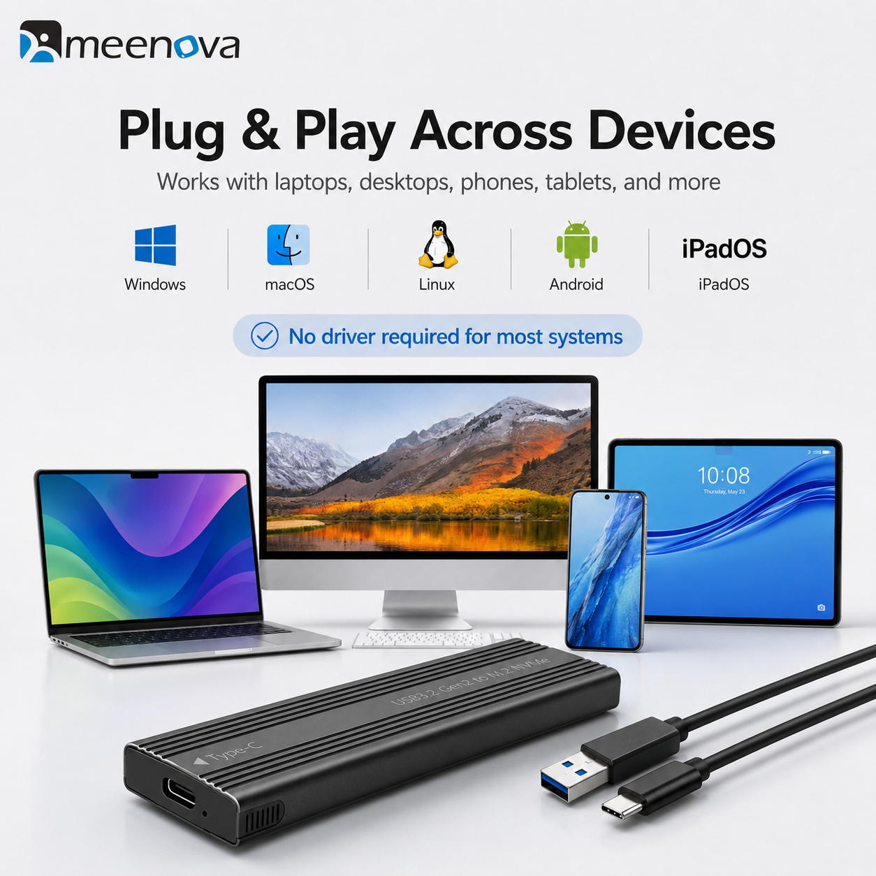 Meenova 10Gbps M.2 NVMe SSD Enclosure with C-C-A Cable – USB 3.2 Gen 2 Type-C Tool-Free Aluminum Case