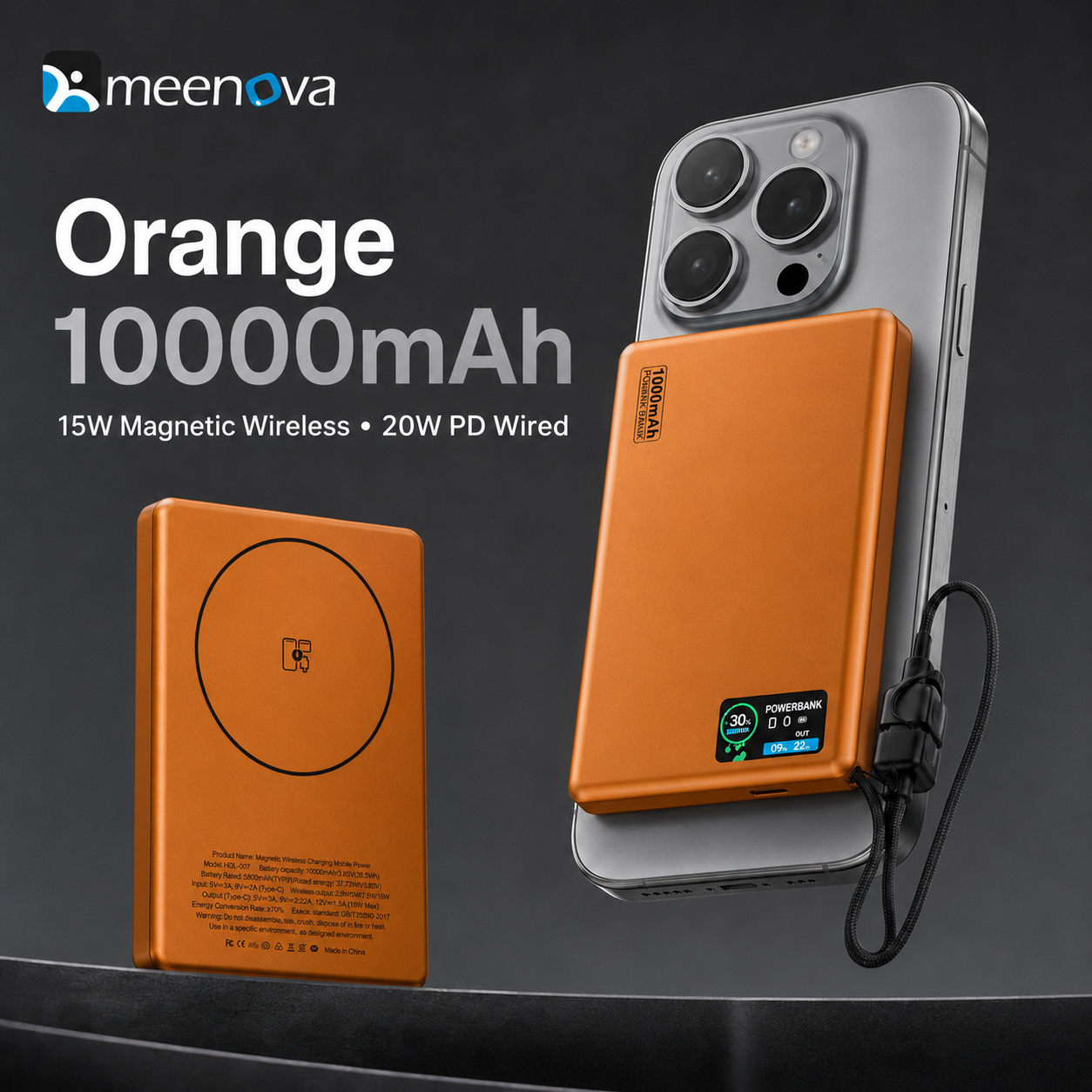 Meenova HDL-007 Ultra-Slim Magnetic Power Bank with Built-in USB-C Lanyard Cable, 15W Wireless Charging, 20W PD & TFT Display
