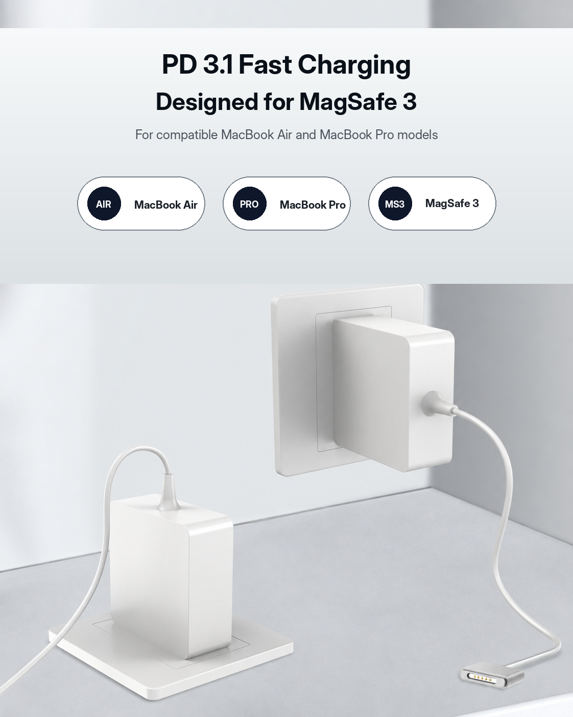 Meenova 140W GaN Charger with Built-In MagSafe 3-Compatible Cable, PD 3.1 Fast Charger for MacBook Air & MacBook Pro