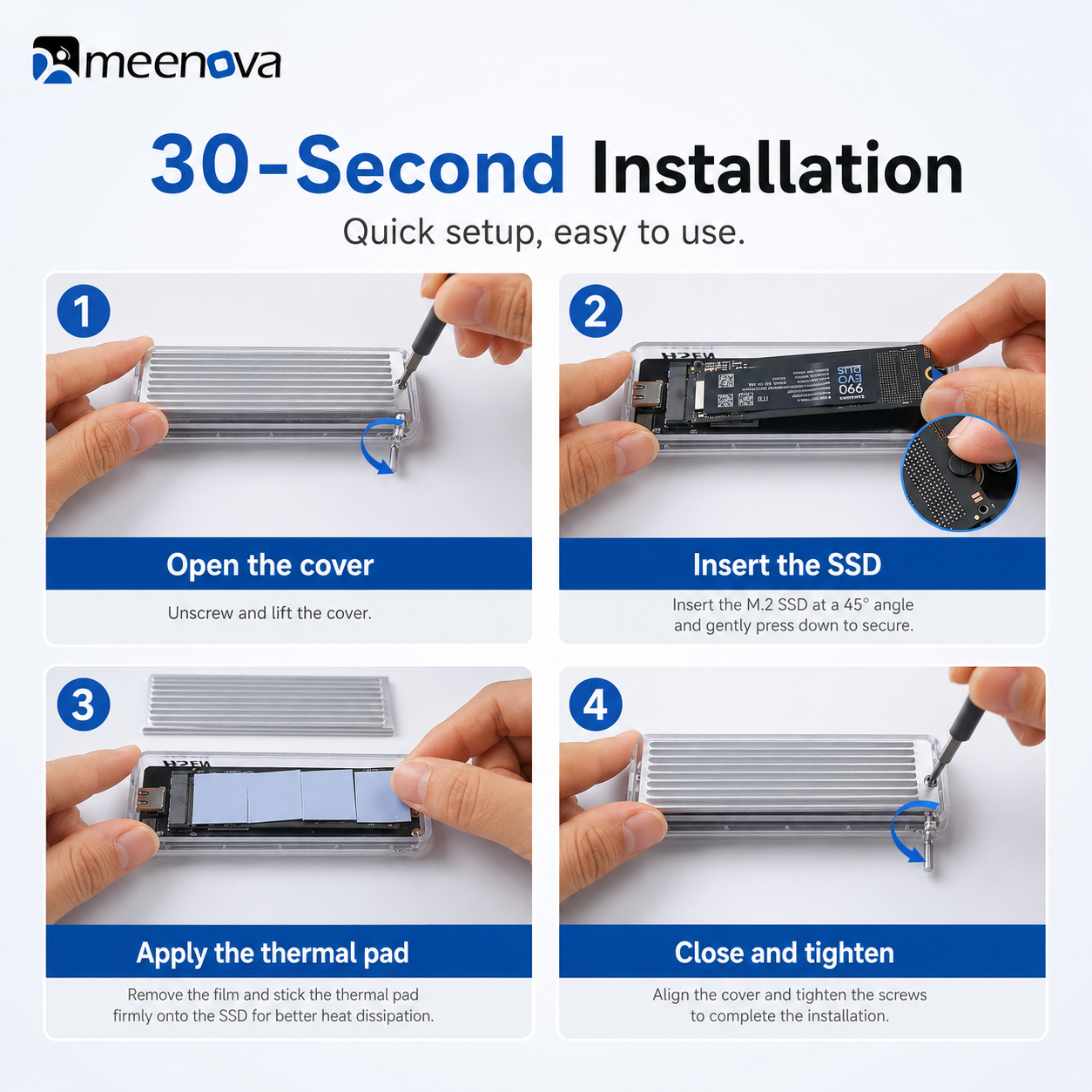 Meenova HS10G-3 Smart Display M.2 SSD Enclosure – 10Gbps USB-C NVMe/SATA SSD Case with Real-Time Drive Monitoring