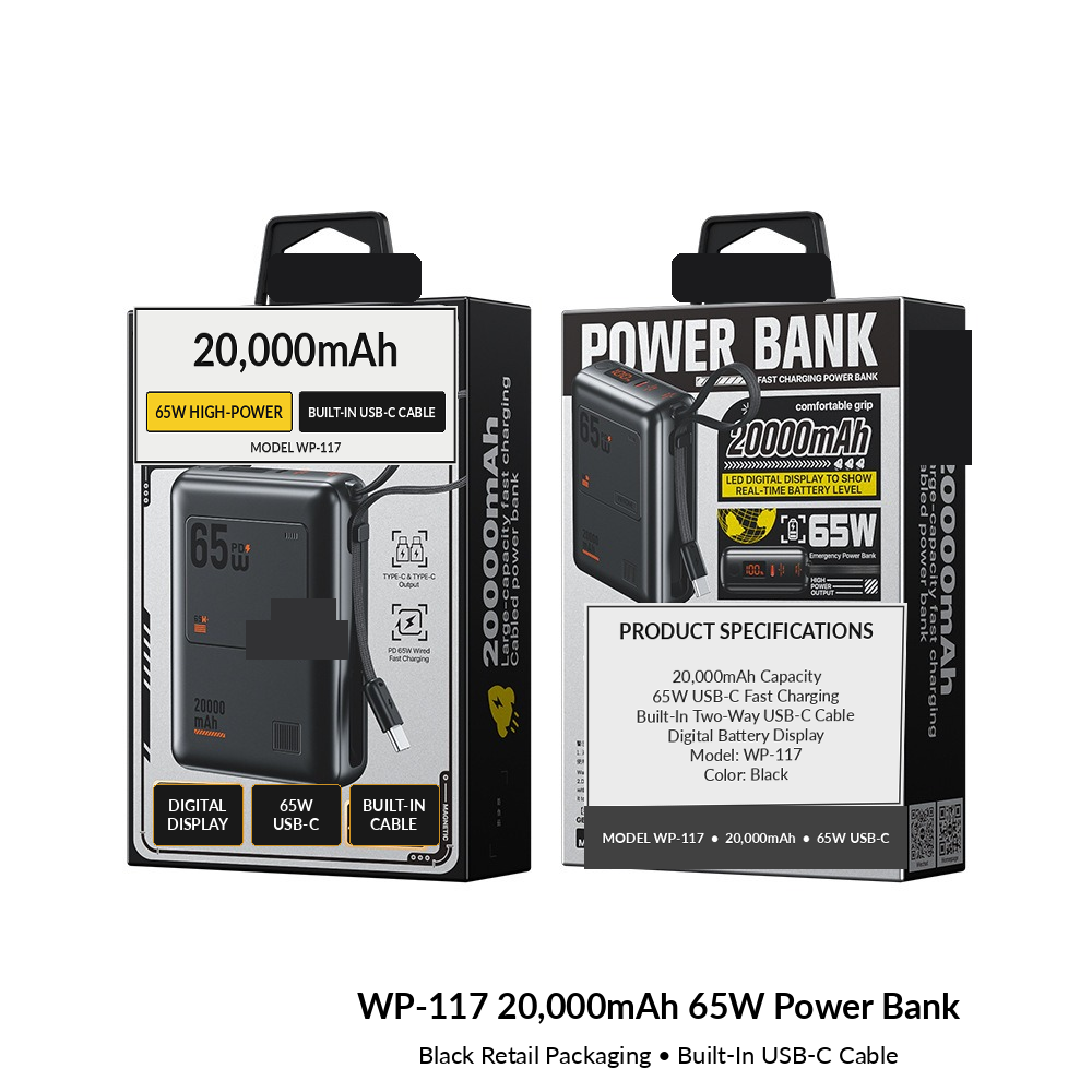 Meenova WP-117 20,000mAh 65W USB-C Power Bank with Detachable Cable, LED Display & 40W Fast Recharging
