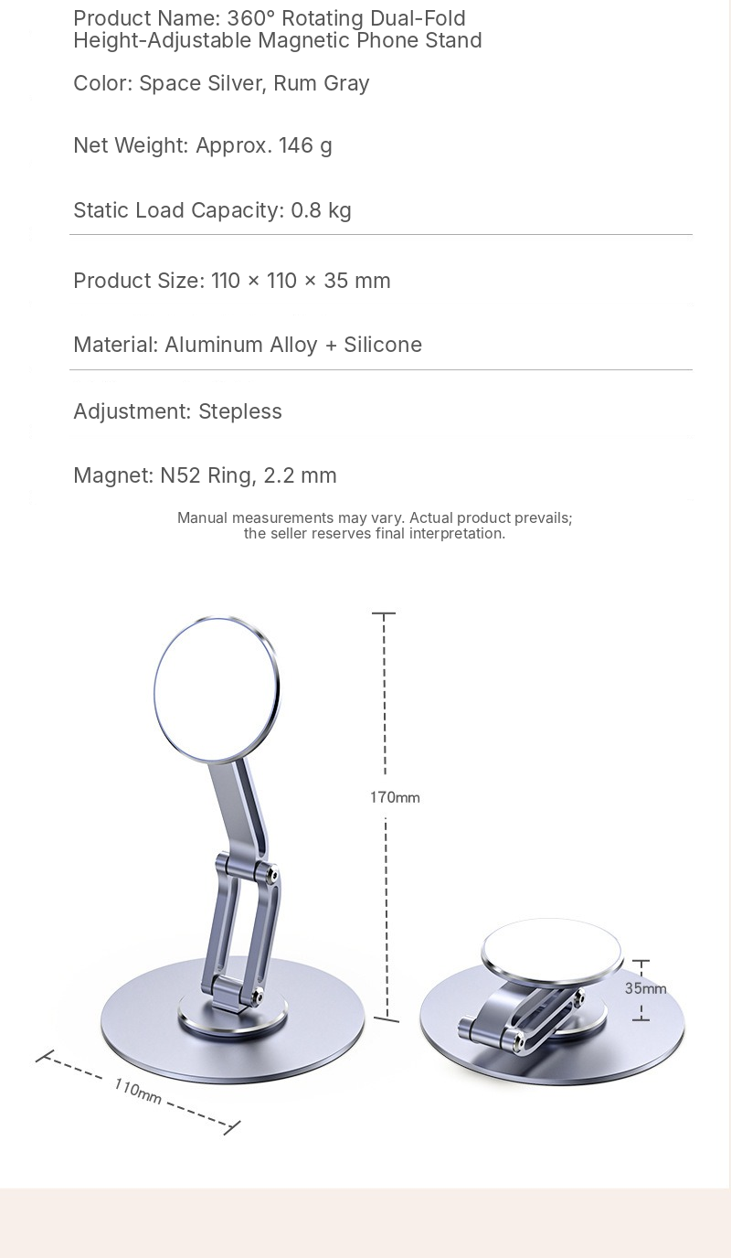 Meenova N52 360° Rotating Foldable Magnetic Phone Stand, Aluminum Alloy Adjustable Desktop Holder for MagSafe-Compatible Phones