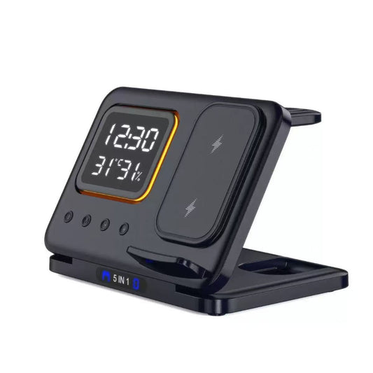 Meenova 5-in-1 Wireless Charging Station with Digital Clock, Night Light, Temperature & Humidity Display, Foldable Charging Stand for iPhone, Apple Watch & AirPods
