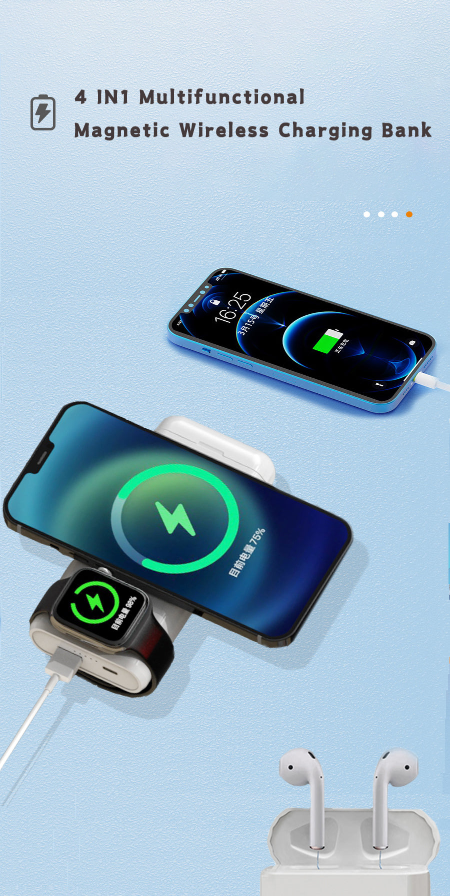 Meenova 4-in-1 multifunctional magnetic wireless charging Mobile Power Supply for Mobile Phone Watch Headset.