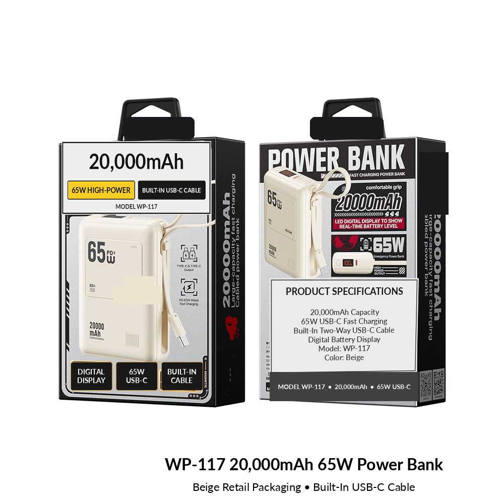 Meenova WP-117 20,000mAh 65W USB-C Power Bank with Detachable Cable, LED Display & 40W Fast Recharging