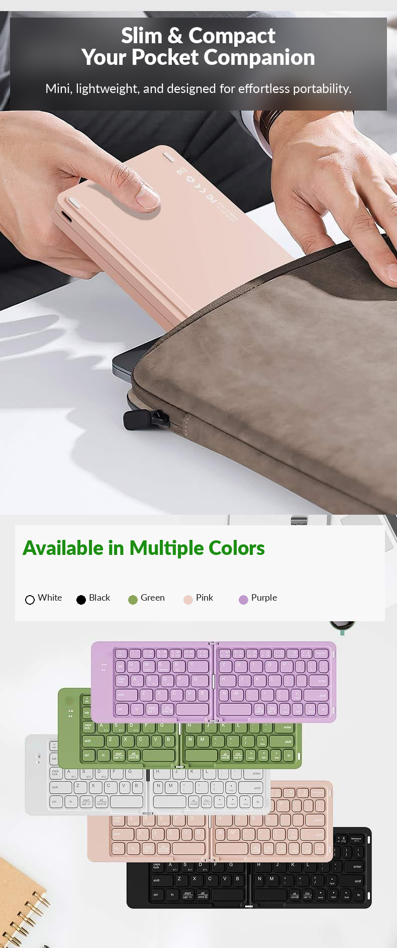 Meenova 67-Key Dual-Fold Bluetooth Keyboard, 3-Device Rechargeable Travel Keyboard with Phone Stand for iOS, Android, Windows & Mac