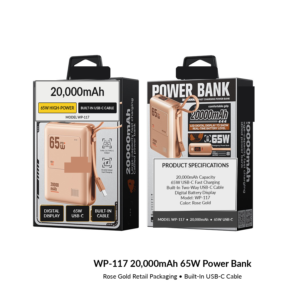 Meenova WP-117 20,000mAh 65W USB-C Power Bank with Detachable Cable, LED Display & 40W Fast Recharging