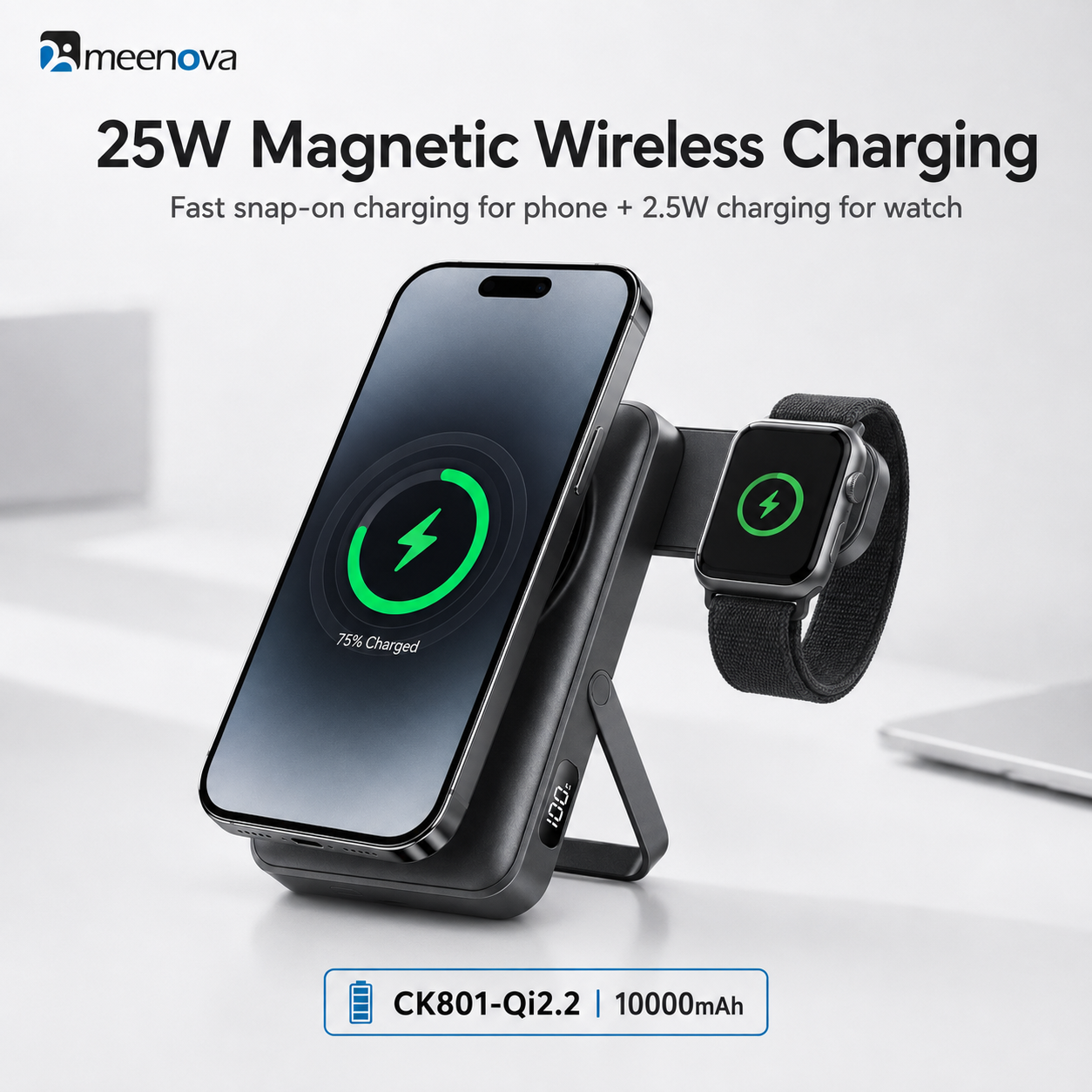 Meenova CK801 Qi2.2 25W Magnetic Wireless Power Bank 10000mAh with 35W USB-C Fast Charging, Apple Watch Charger & Foldable Stand