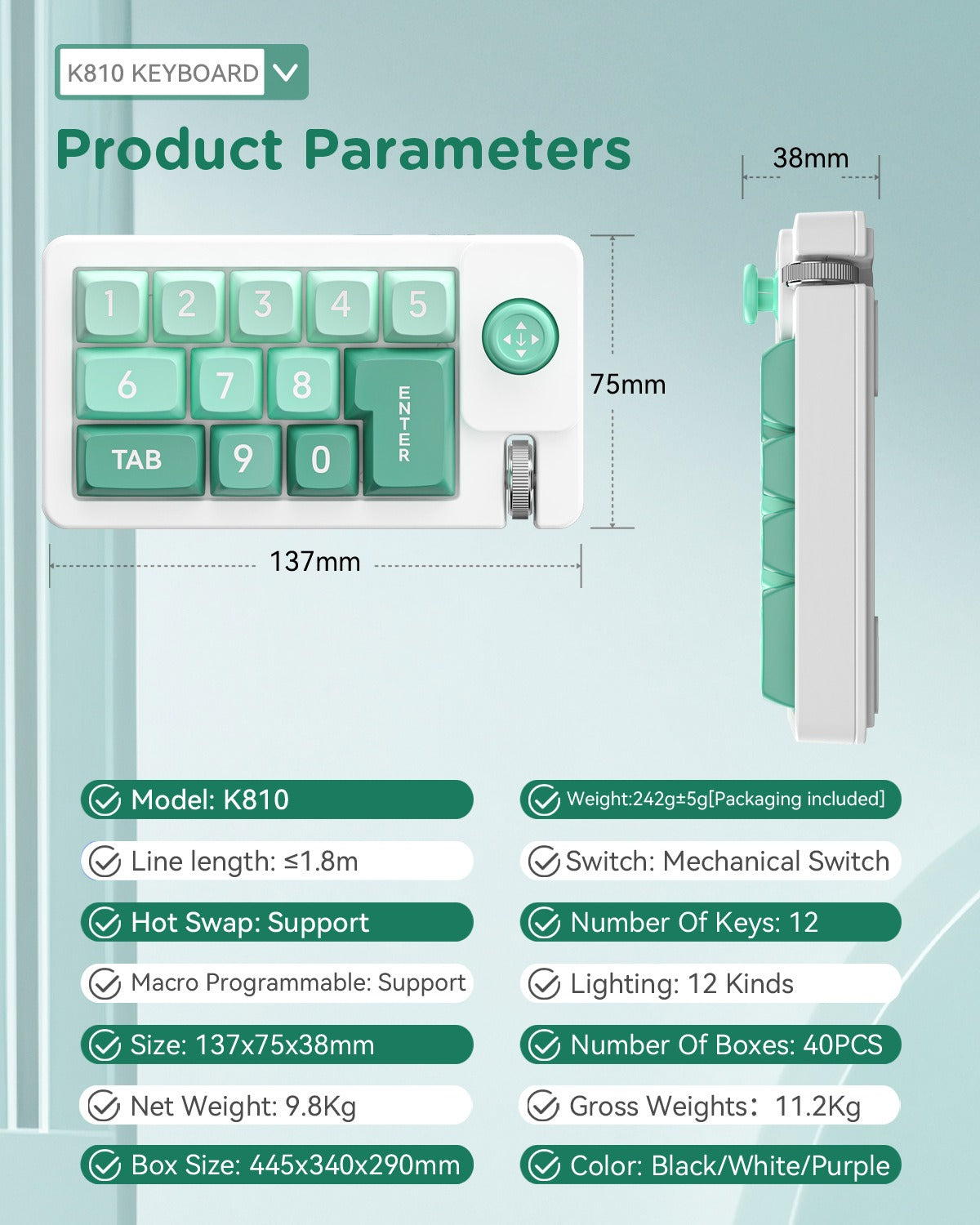 Meenova K810 Wired 12‑Key Hot‑Swappable Mechanical Numeric Keypad, Joystick Macro‑Programmable RGB Backlit USB‑C Keypad for Gaming & Office
