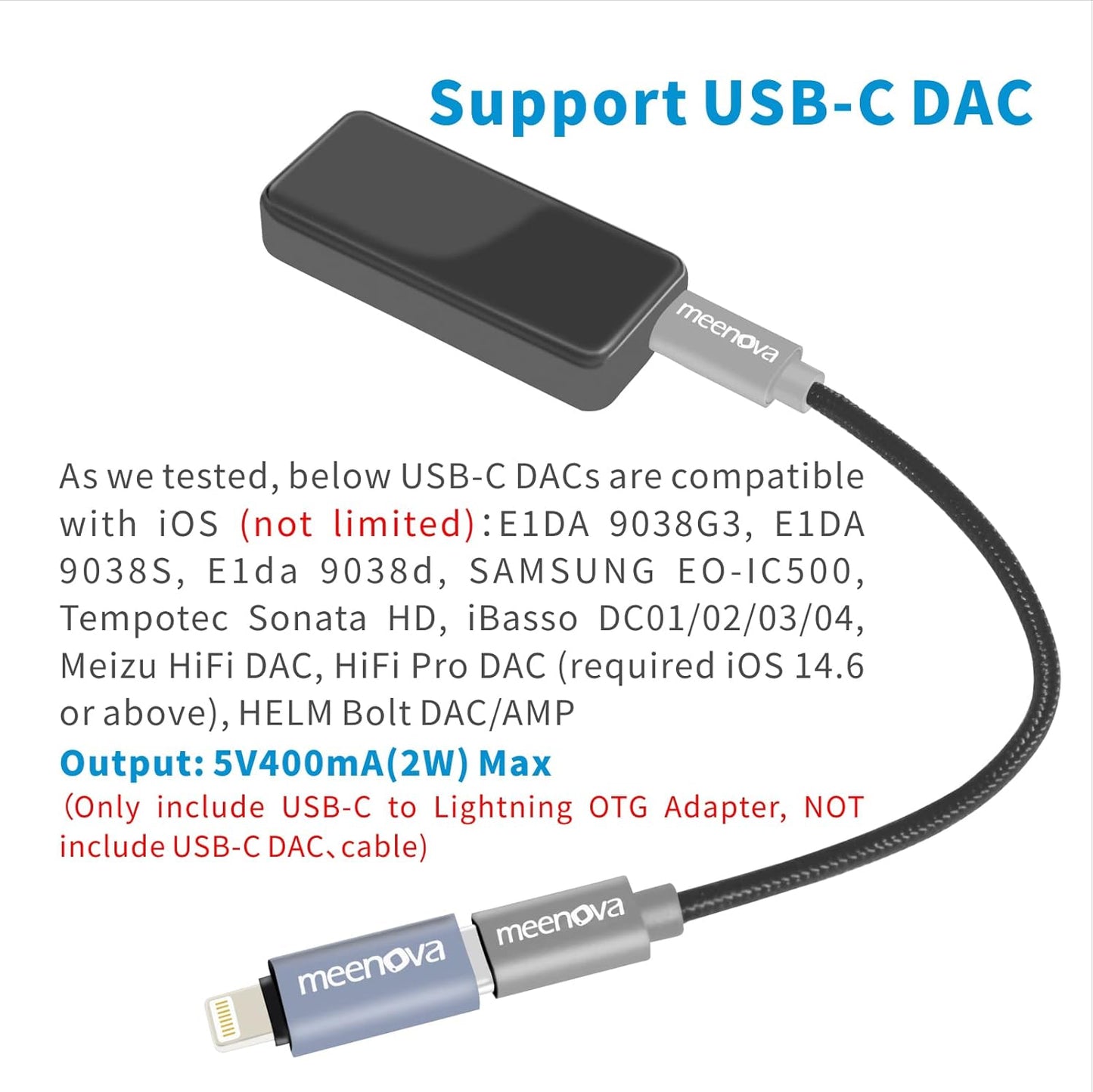 Meenova USB C to Lightning OTG Adapter for USB-C DAC, Big Current up to 400mA/5V, Compatible with iPhone iPad iPod with Anti-Lost Holder