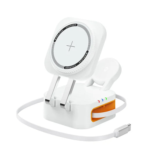 3 in 1 Foldable Wireless Charging Station Fast Charger Stand with Retractable Cable for iWatch, iPhone 16/15/14 Series, AirPods
