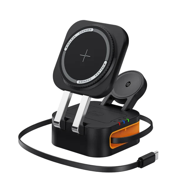 3 in 1 Foldable Wireless Charging Station Fast Charger Stand with Retractable Cable for iWatch, iPhone 16/15/14 Series, AirPods