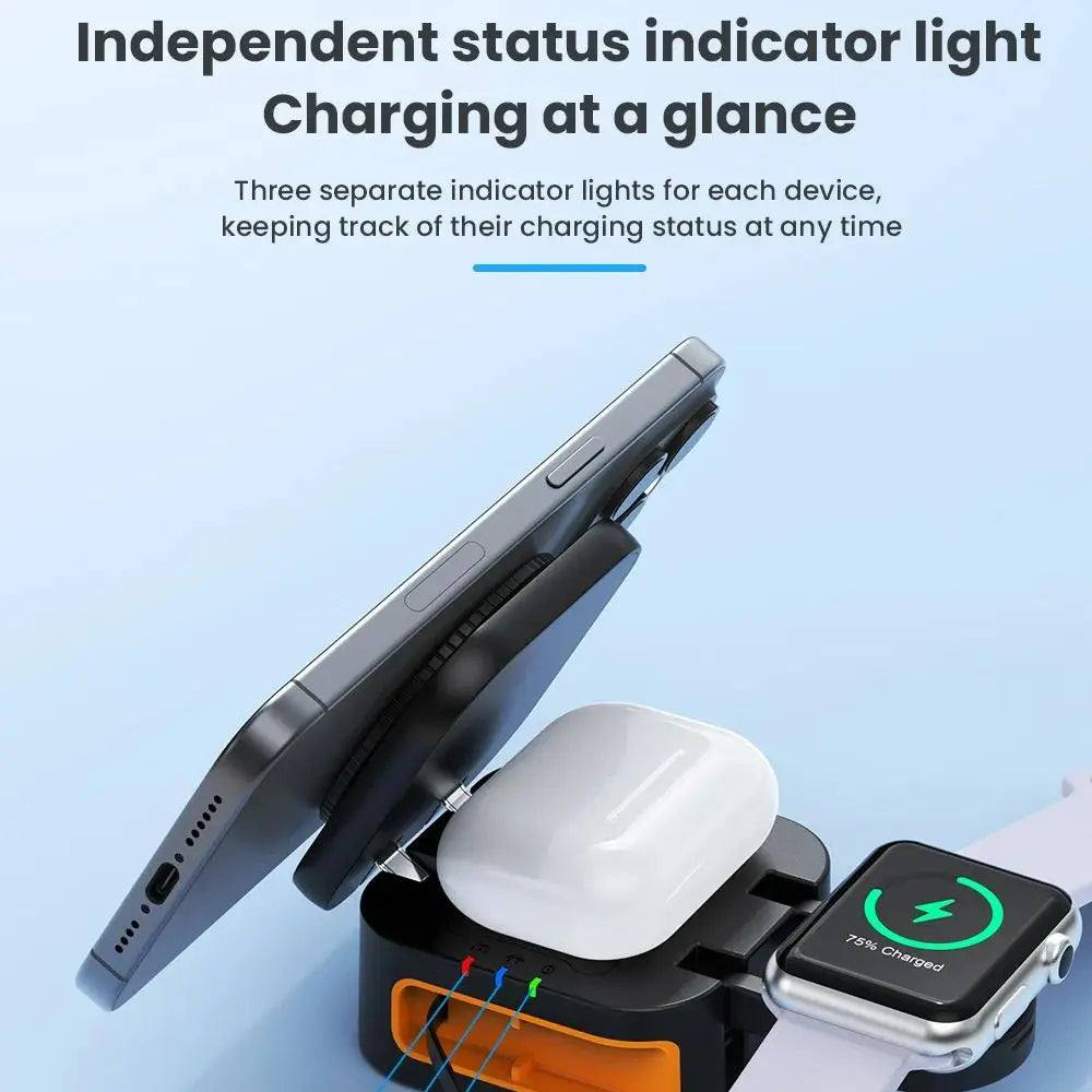 3 in 1 Foldable Wireless Charging Station Fast Charger Stand with Retractable Cable for iWatch, iPhone 16/15/14 Series, AirPods