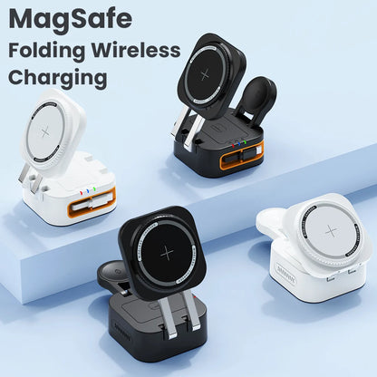 Meenova 3 in 1 Foldable MagSafe Wireless Charging Station Fast Charger Stand with Retractable Cable for iWatch, iPhone 18/17/16/15/14 Series, AirPods