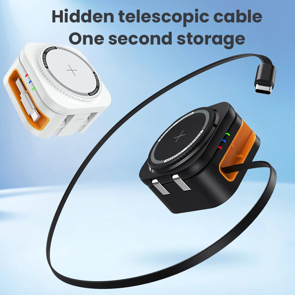 3 in 1 Foldable Wireless Charging Station Fast Charger Stand with Retractable Cable for iWatch, iPhone 16/15/14 Series, AirPods