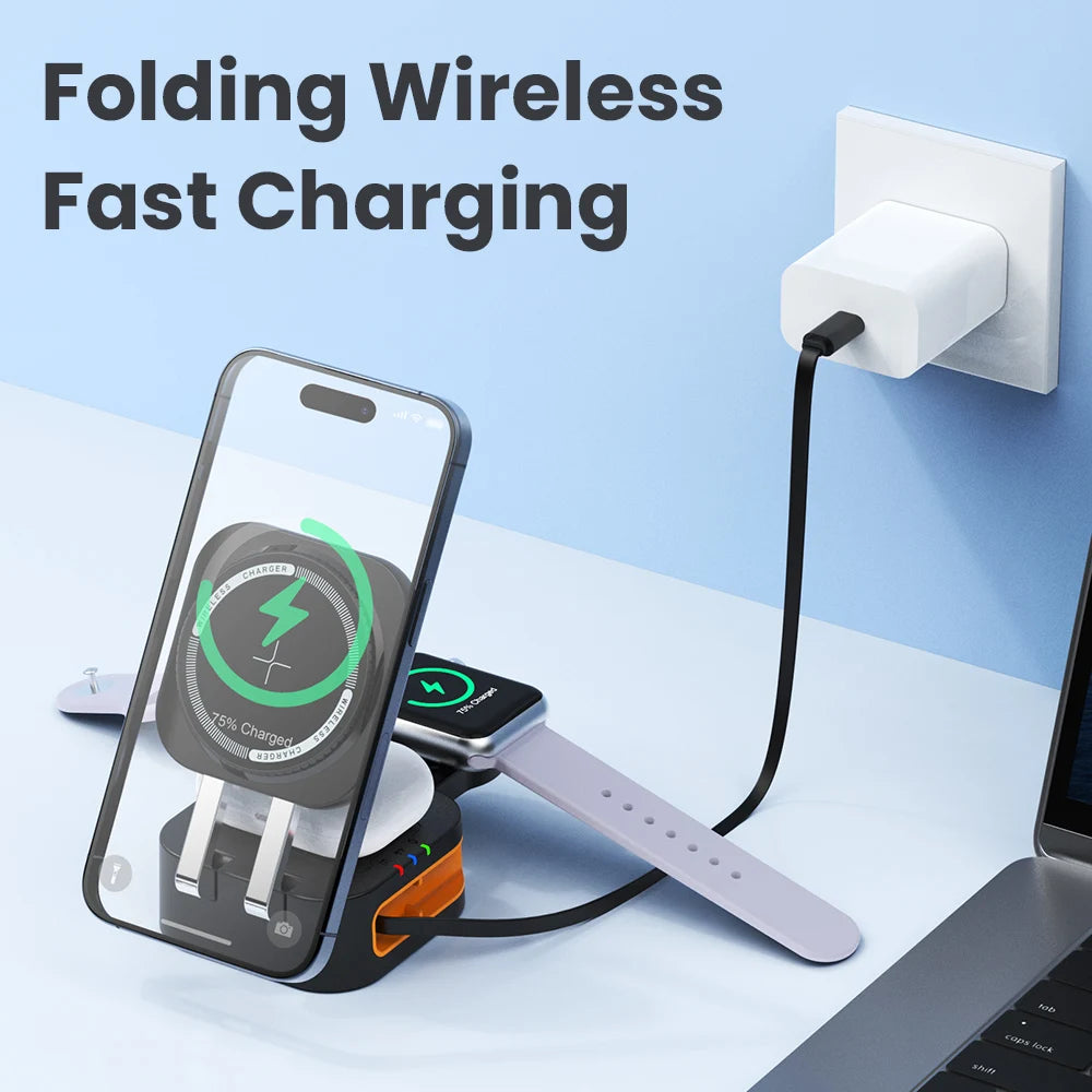 3 in 1 Foldable Wireless Charging Station Fast Charger Stand with Retractable Cable for iWatch, iPhone 16/15/14 Series, AirPods