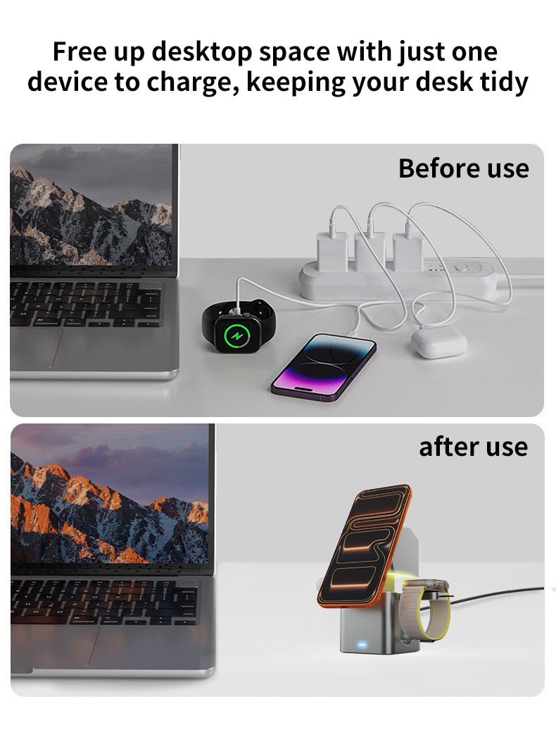Meenova Qi2 25W MagSafe Compatible Wireless Charger with Smart Lift Night Light, 3-in-1 Charging Station for iPhone 18 Pro Max, iPhone Duo & Samsung