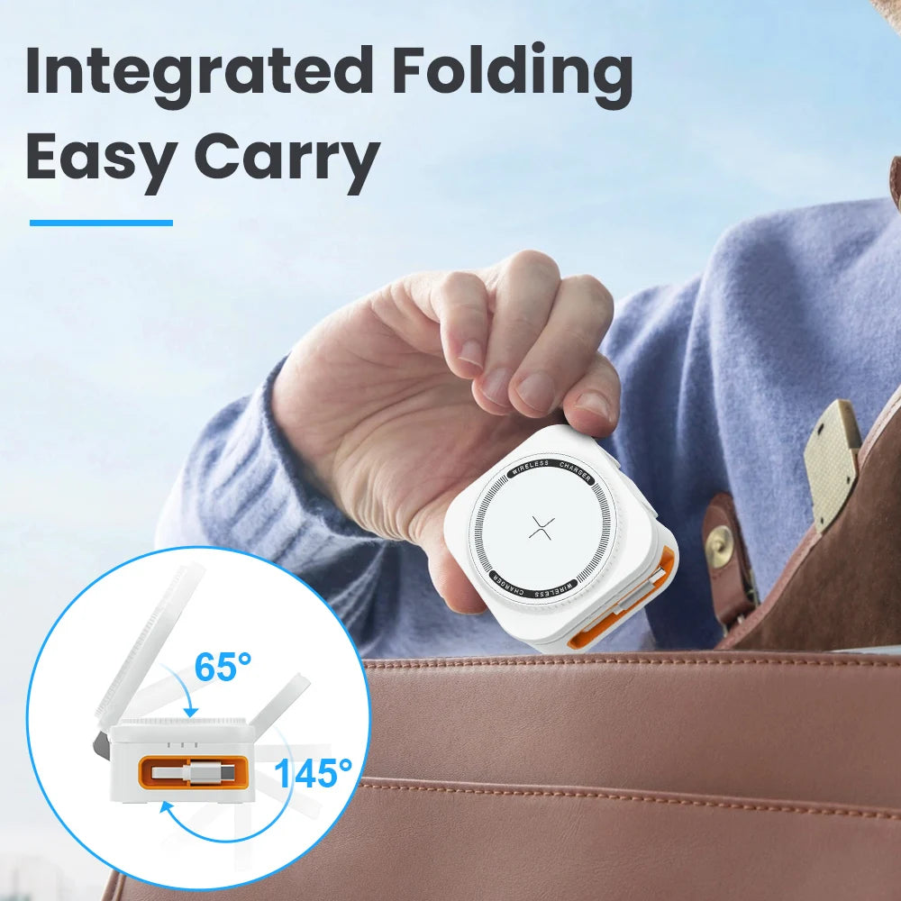 3 in 1 Foldable Wireless Charging Station Fast Charger Stand with Retractable Cable for iWatch, iPhone 16/15/14 Series, AirPods