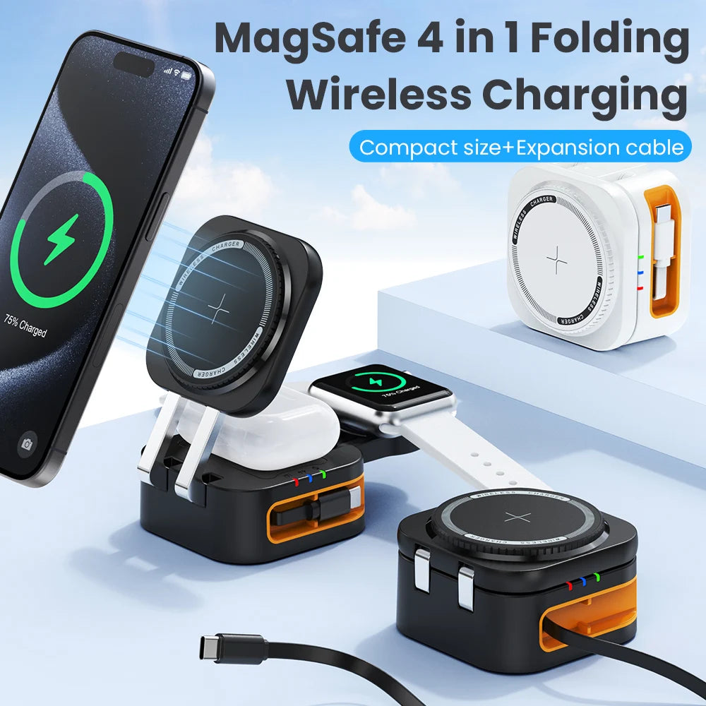 3 in 1 Foldable Wireless Charging Station Fast Charger Stand with Retractable Cable for iWatch, iPhone 16/15/14 Series, AirPods