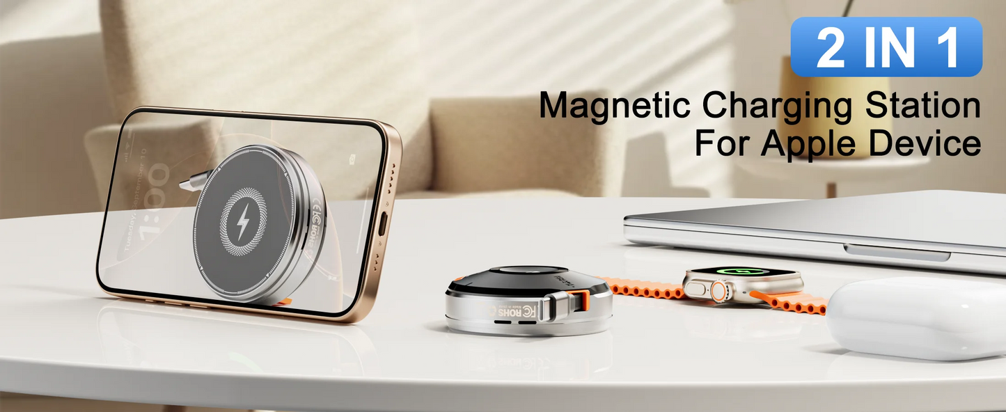 3-in-1 Magnetic Wireless Charger Stand, Foldable Adjustable Angle Desktop Type-C Cable 15W Fast Charger with Retractable Cable for Phone Watch Earbuds Simultaneous Charging