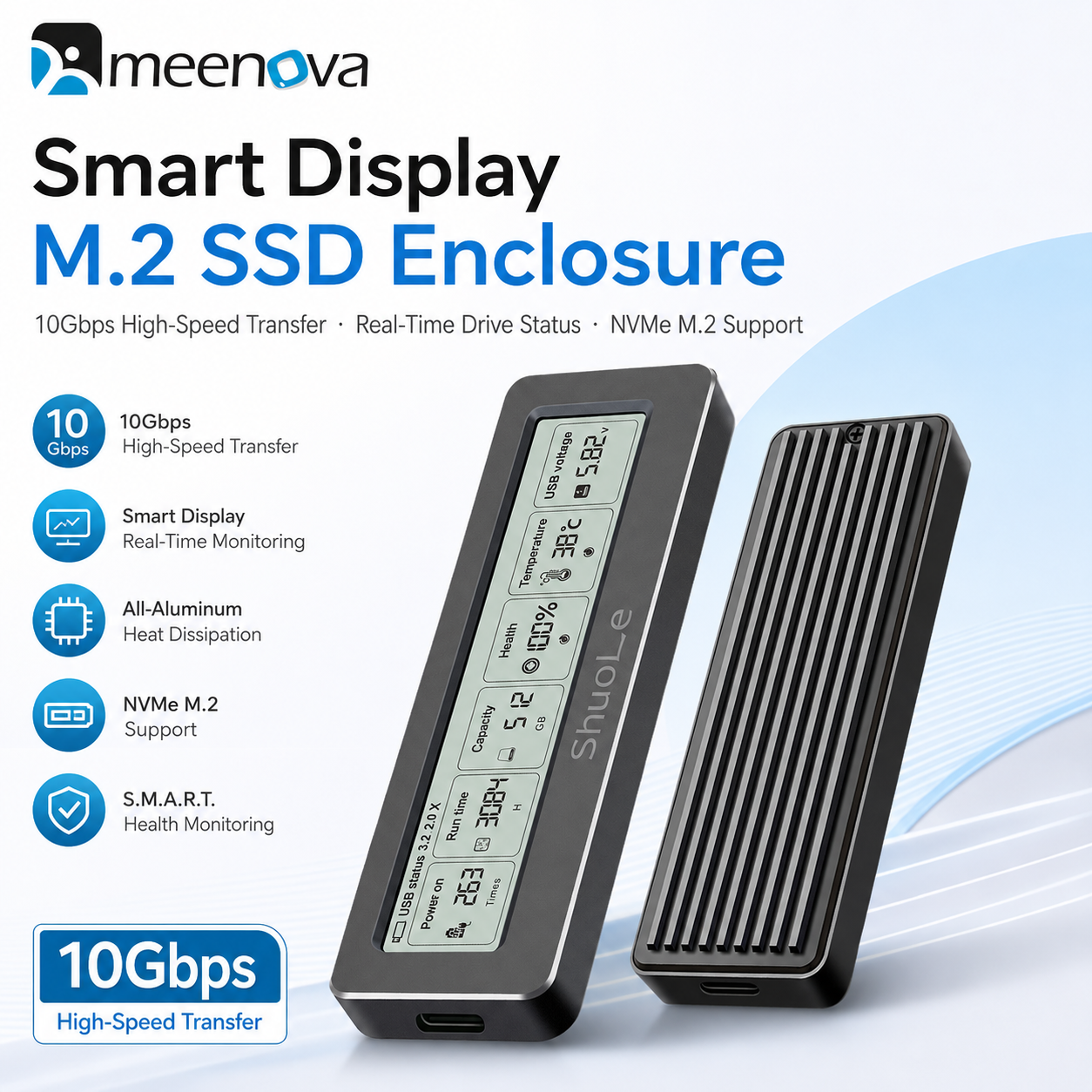 Meenova Smart Display M.2 NVMe SSD Enclosure, USB 3.2 Gen 2 10Gbps, All-Aluminum, M-Key & B+M Key, 2230/2242/2260/2280, Up to 8TB