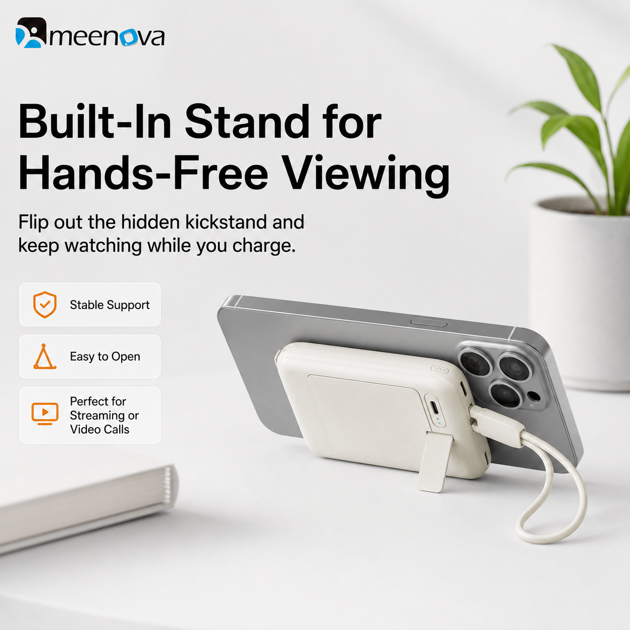 Meenova 10000mAh 3-in-1 Magnetic Wireless Power Bank with AC Wall Charger, Built-in USB-C & Lightning Cables, 22.5W Fast Charging, 15W Magnetic Charging & Kickstand