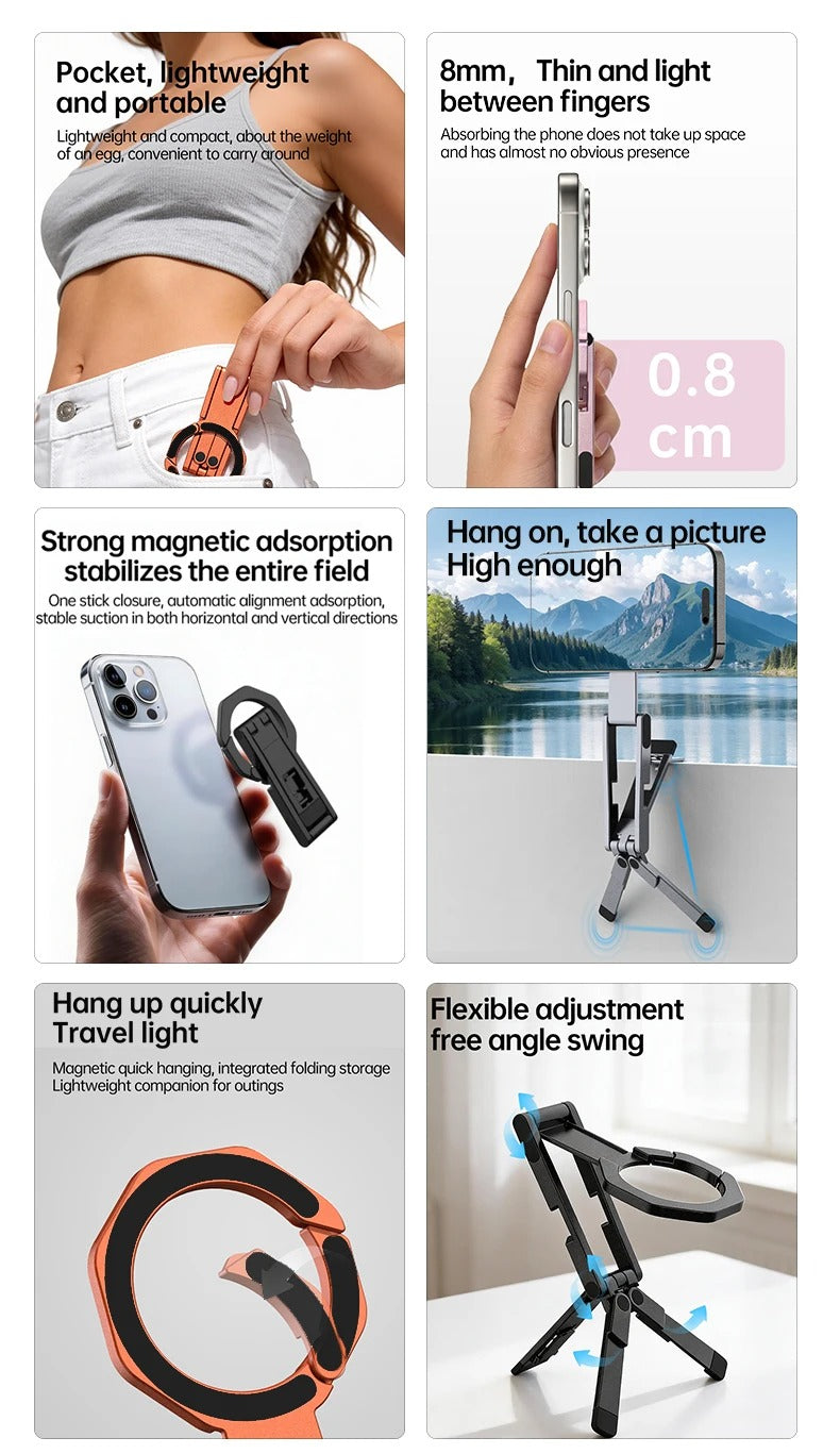 Meenova Foldable Magnetic Phone Tripod, Dual-Sided Magnet Zinc Alloy MagSafe Phone Holder, Pocket-Sized Portable Phone Stand for Live Streaming, Vlogging, Travel, Gym