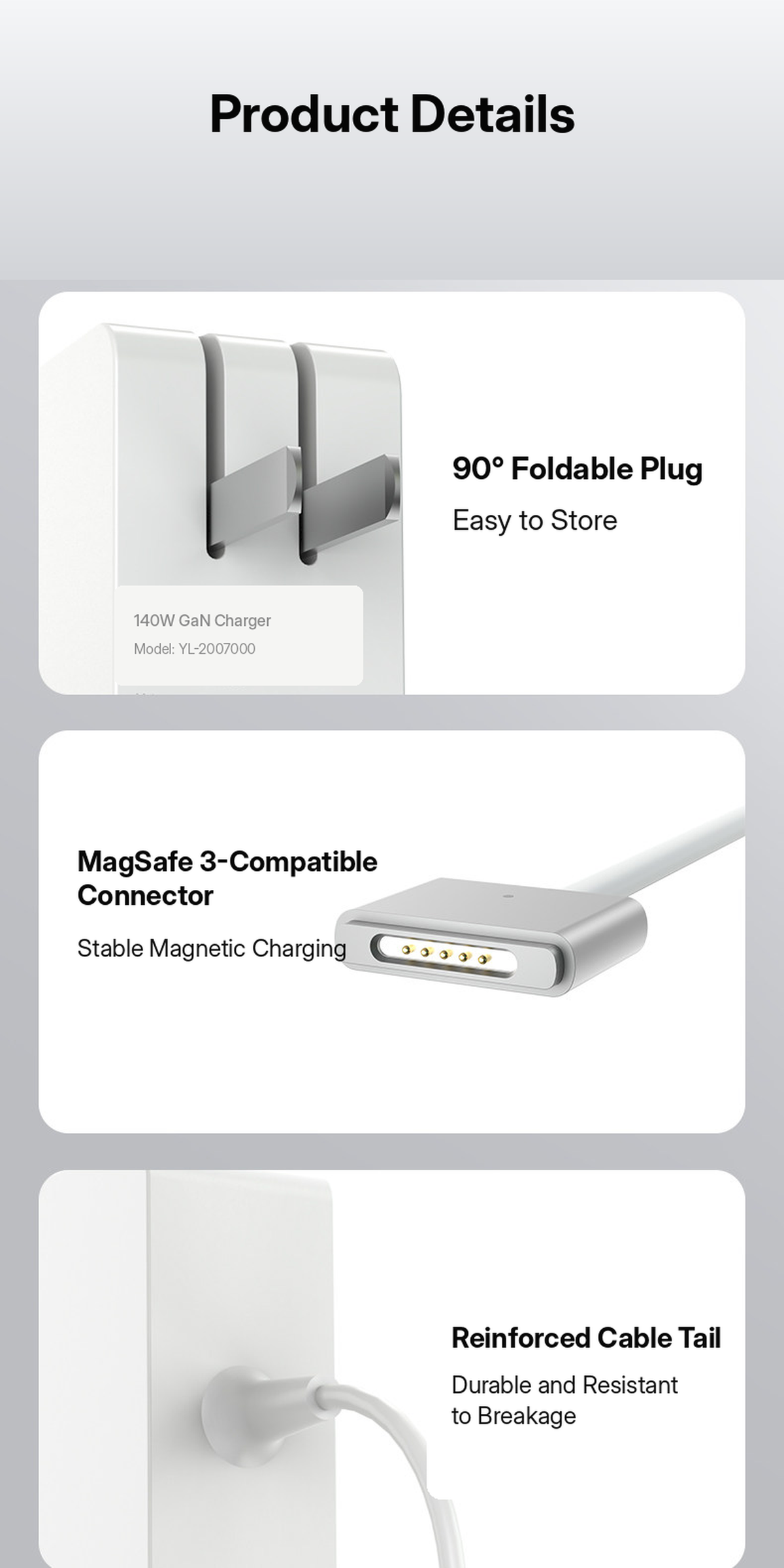 Meenova 140W GaN Charger with Built-In MagSafe 3-Compatible Cable, PD 3.1 Fast Charger for MacBook Air & MacBook Pro