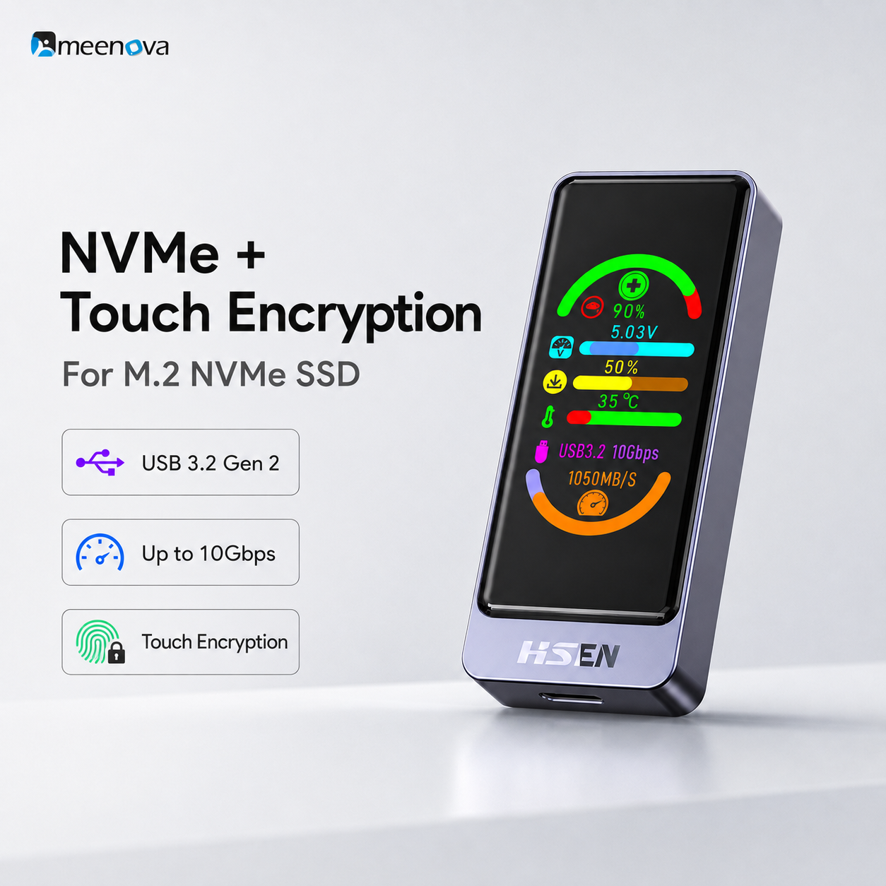 Meenova Smart Color Display M.2 SSD Enclosure, USB 3.2 Gen 2 10Gbps, NVMe/SATA, Real-Time Drive Health & Speed Monitor, Touch Encryption Options