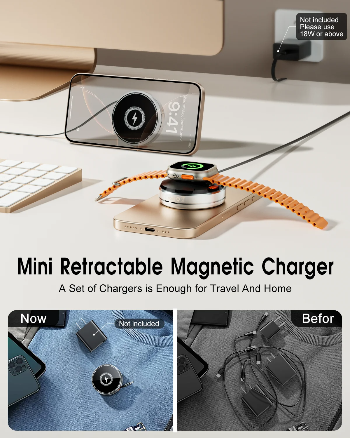 3-in-1 Magnetic Wireless Charger Stand, Foldable Adjustable Angle Desktop Type-C Cable 15W Fast Charger with Retractable Cable for Phone Watch Earbuds Simultaneous Charging