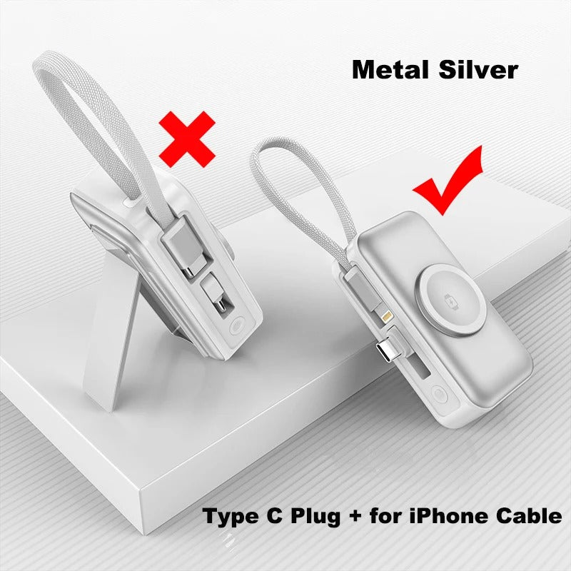 Meenova 5000mAh Mini Power Bank PD20W Fast Charger, 3-in-1 Magnetic Wireless Charger with Type-C Plug & Built-in C/Lightning Cable, Portable Charging Station with LED Light & Phone Holder