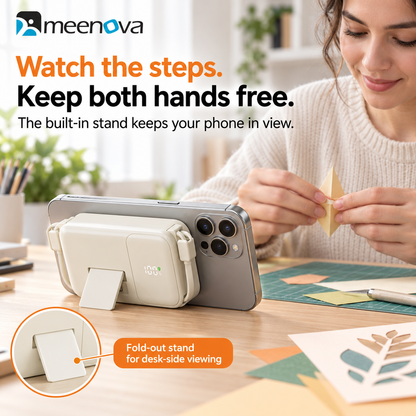 Meenova 10000mAh 3-in-1 Magnetic Wireless Power Bank with AC Wall Charger, Built-in USB-C & Lightning Cables, 22.5W Fast Charging, 15W Magnetic Charging & Kickstand