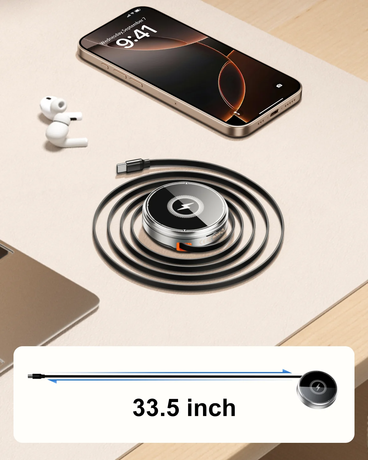 3-in-1 Magnetic Wireless Charger Stand, Foldable Adjustable Angle Desktop Type-C Cable 15W Fast Charger with Retractable Cable for Phone Watch Earbuds Simultaneous Charging