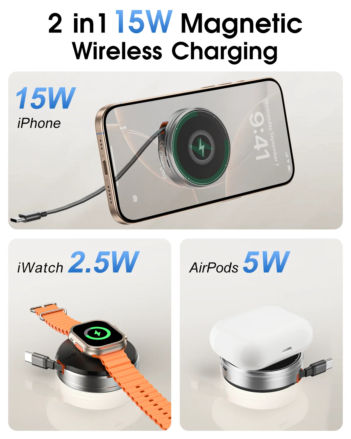 3-in-1 Magnetic Wireless Charger Stand, Foldable Adjustable Angle Desktop Type-C Cable 15W Fast Charger with Retractable Cable for Phone Watch Earbuds Simultaneous Charging