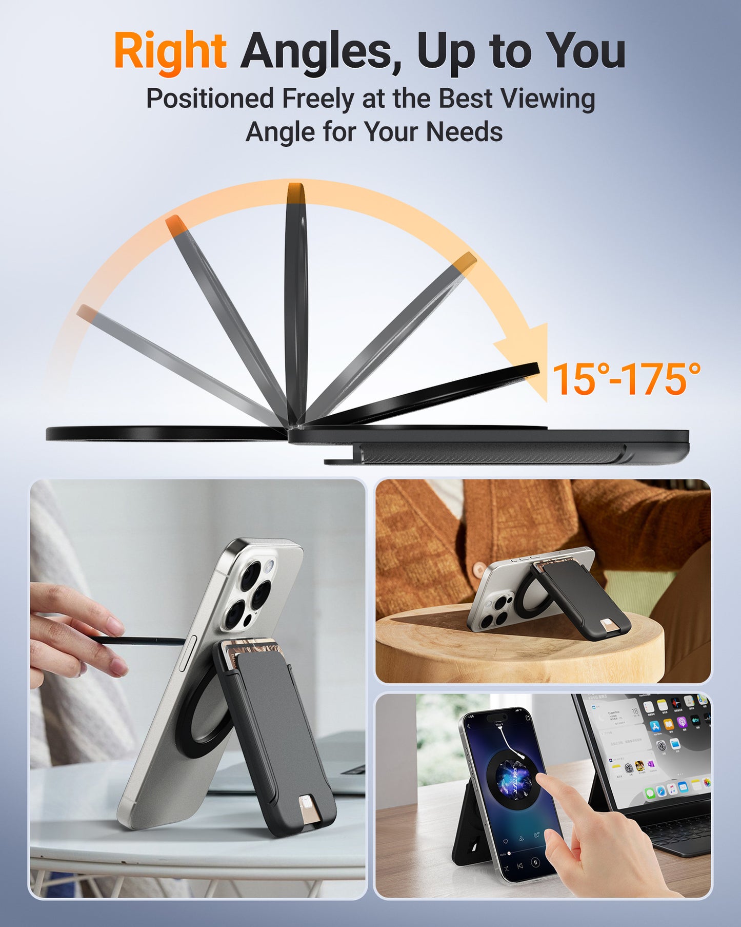 MagSafe Wallet Stand for iPhone 16, 3-Card Holder with Adjustable 15°-175° Rotation, Strong Magnetic Phone Card Case, Black