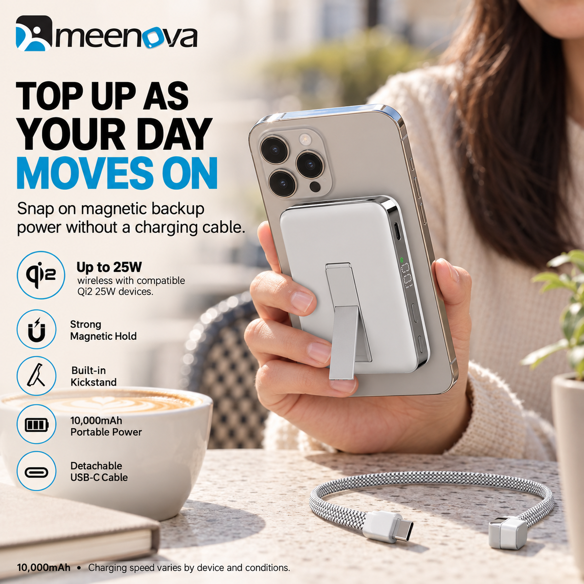 Meenova Qi2.2 25W Magnetic Power Bank 10000mAh with 35W PD Fast Charging, Detachable USB-C Cable & Kickstand