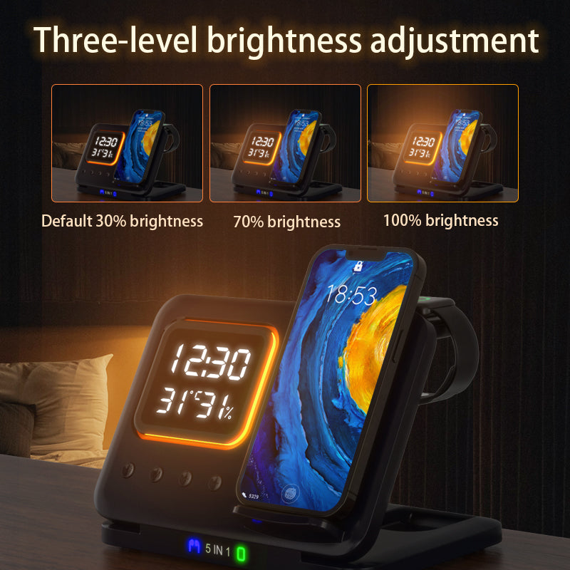 Meenova 5-in-1 Wireless Charging Station with Digital Clock, Night Light, Temperature & Humidity Display, Foldable Charging Stand for iPhone, Apple Watch & AirPods