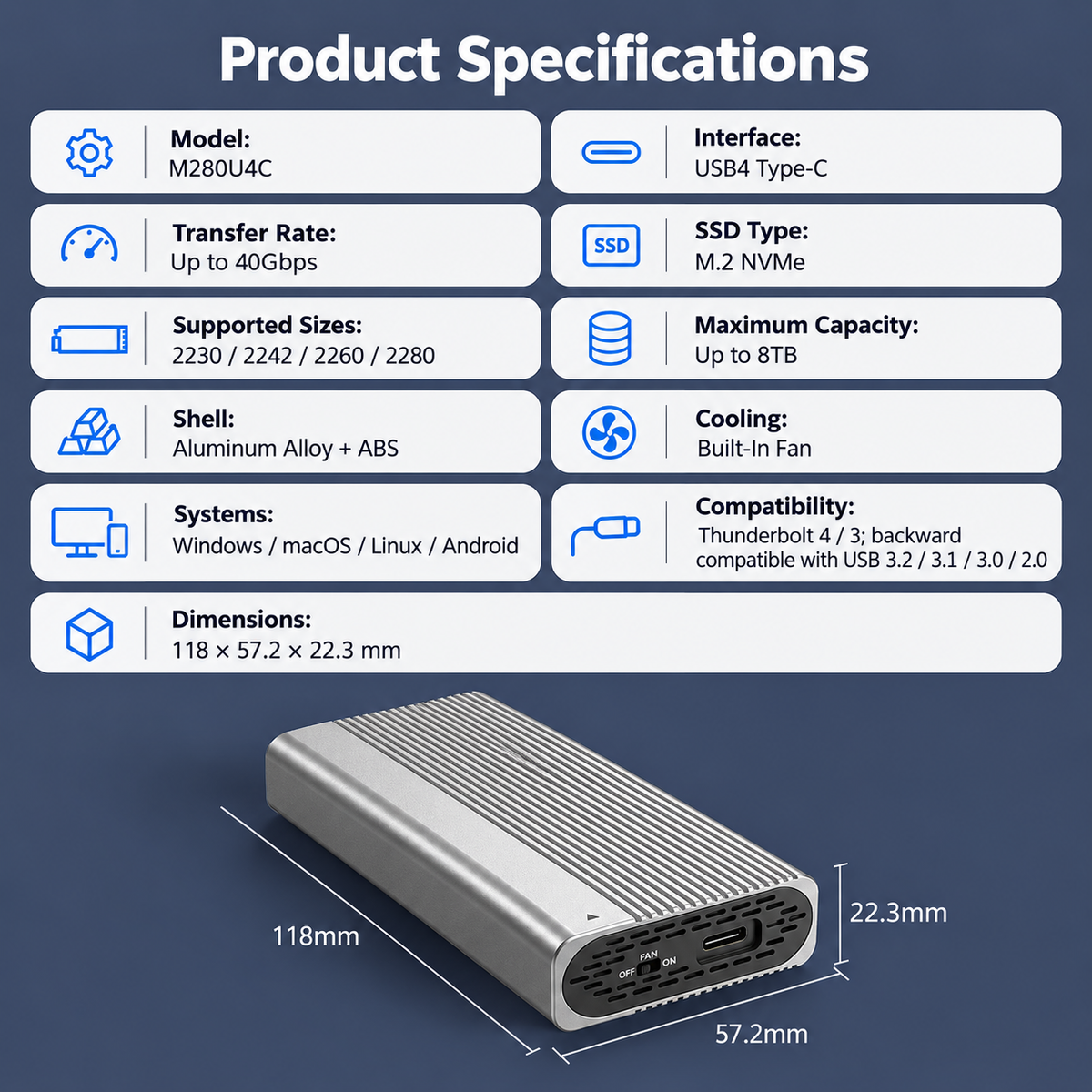 Meenova USB4 40Gbps M.2 NVMe SSD Enclosure with Cooling Fan, Tool-Free Aluminum Alloy & ABS Housing, Supports 2230/2242/2260/2280 and Up to 8TB