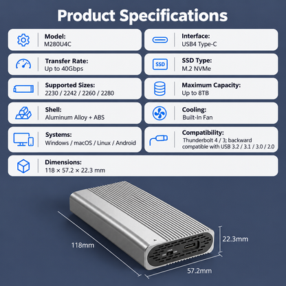 Meenova USB4 40Gbps M.2 NVMe SSD Enclosure with Cooling Fan, Tool-Free Aluminum Alloy & ABS Housing, Supports 2230/2242/2260/2280 and Up to 8TB