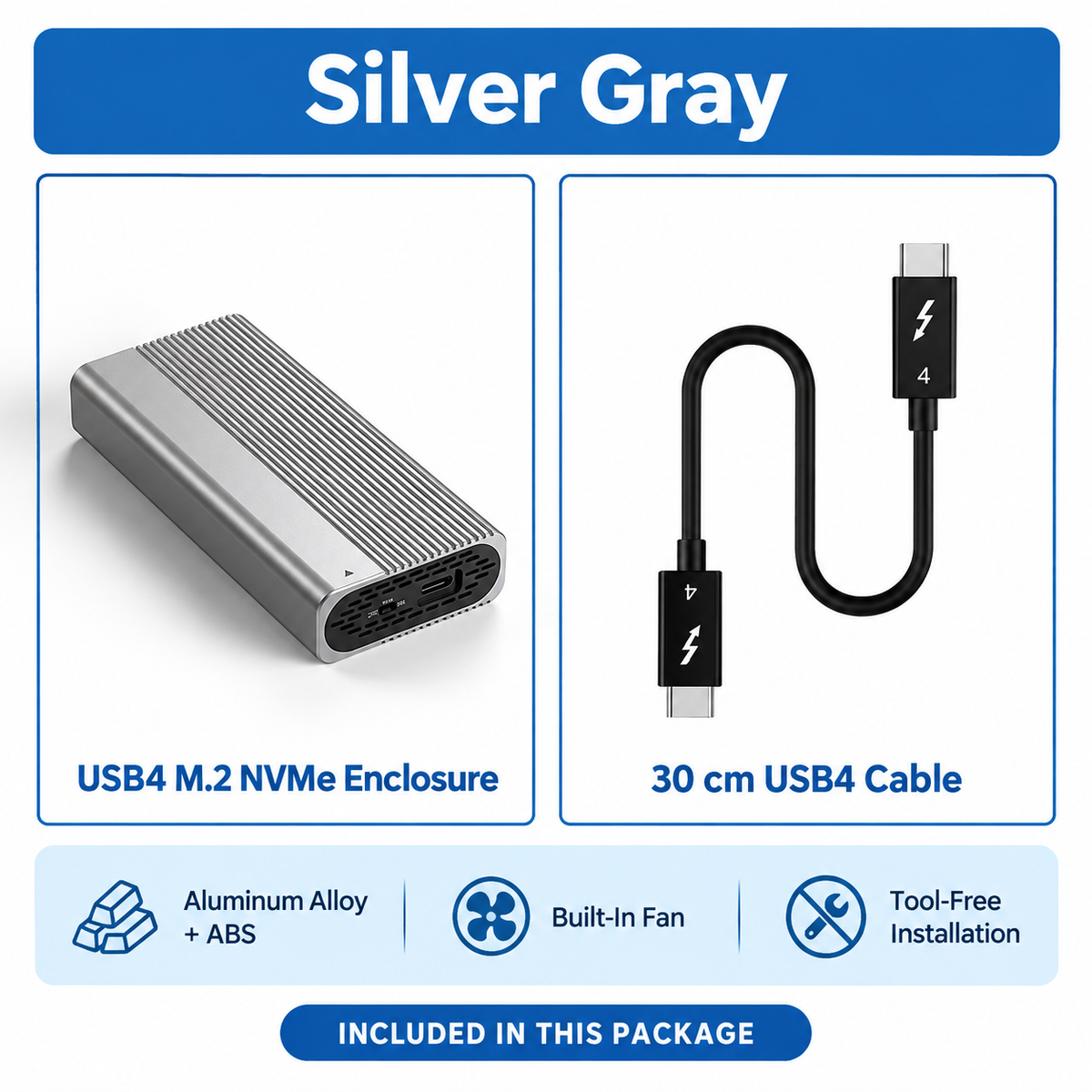 Meenova USB4 40Gbps M.2 NVMe SSD Enclosure with Cooling Fan, Tool-Free Aluminum Alloy & ABS Housing, Supports 2230/2242/2260/2280 and Up to 8TB
