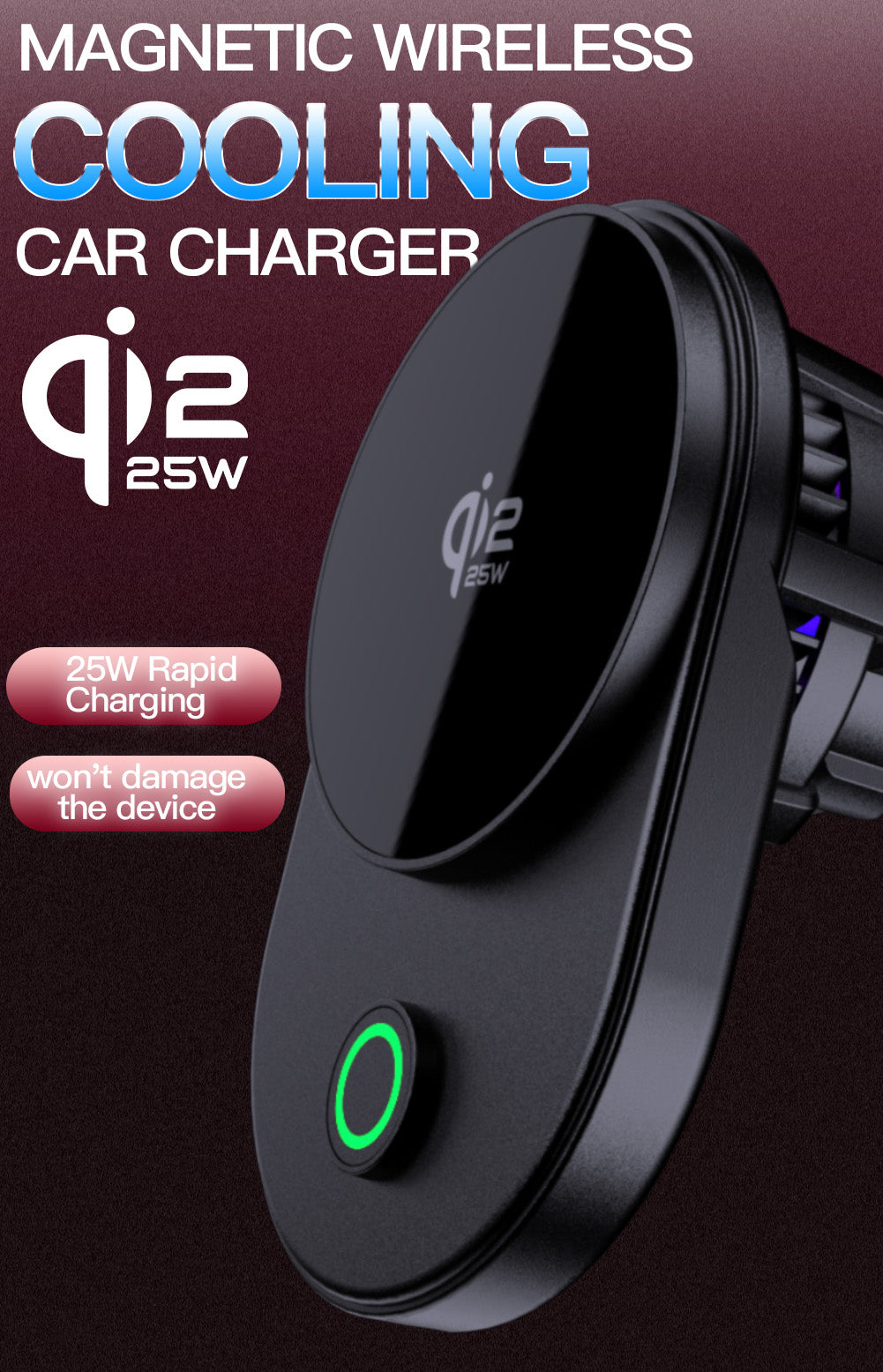 Meenova Qi2.2 25W Magnetic Wireless Car Charger with Active Cooling, 360° Rotating Mount & Strong Magnetic Hold