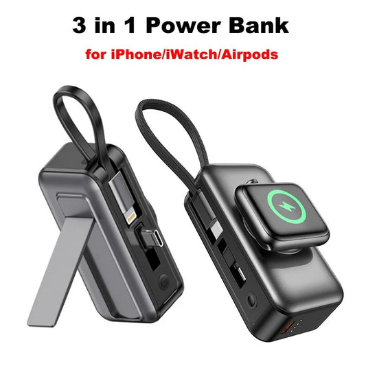 Meenova 5000mAh Mini Power Bank PD20W Fast Charger, 3-in-1 Magnetic Wireless Charger with Type-C Plug & Built-in C/Lightning Cable, Portable Charging Station with LED Light & Phone Holder