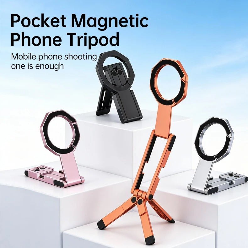 Meenova Foldable Magnetic Phone Tripod, Dual-Sided Magnet Zinc Alloy MagSafe Phone Holder, Pocket-Sized Portable Phone Stand for Live Streaming, Vlogging, Travel, Gym