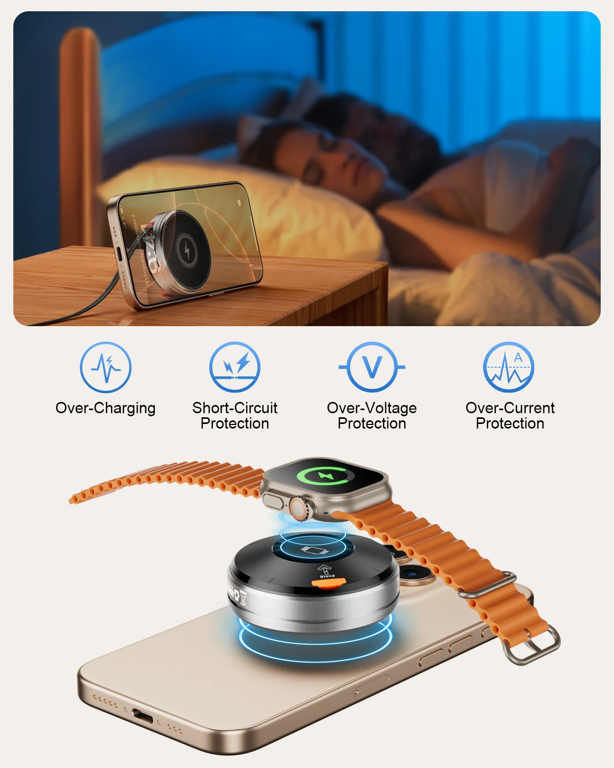 3-in-1 Magnetic Wireless Charger Stand, Foldable Adjustable Angle Desktop Type-C Cable 15W Fast Charger with Retractable Cable for Phone Watch Earbuds Simultaneous Charging