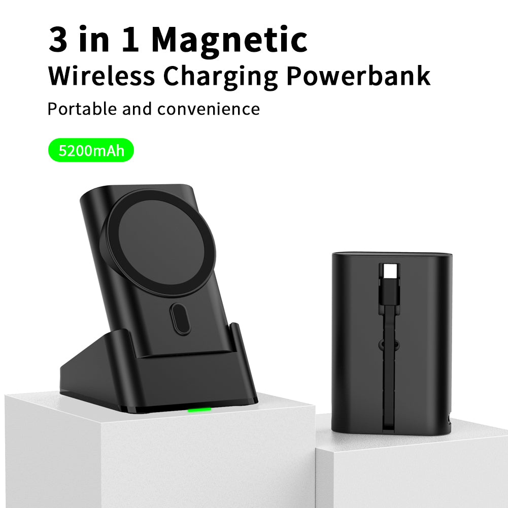 Meenova 3-in-1 Magnetic Wireless Charging Power Bank 5200mAh with Dock & Built-in Type-C Cable